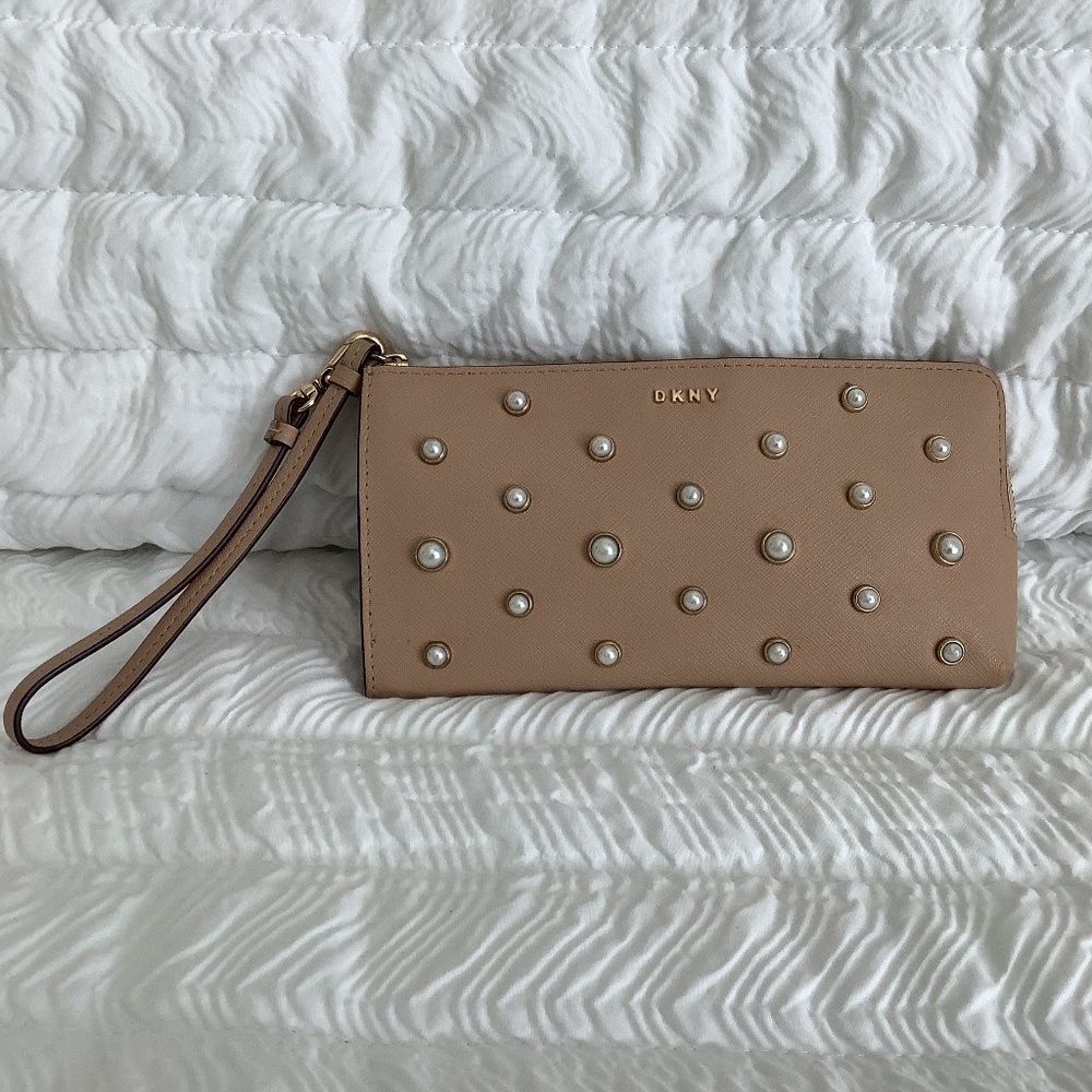DKNY Tan Genuine Leather Wristlet with Pearl Accents